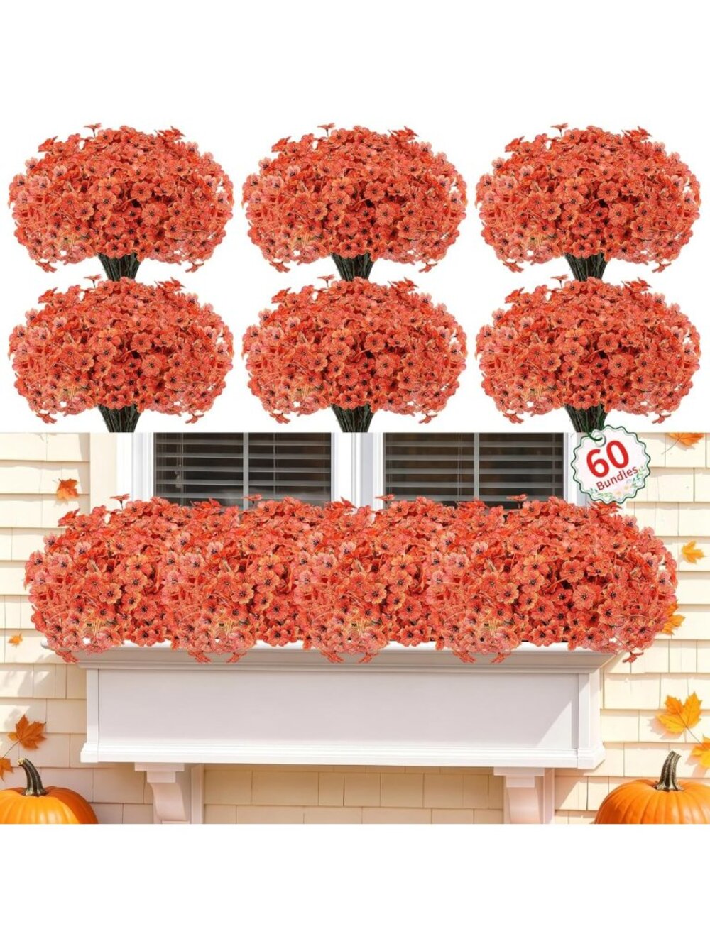 60 Pack Artificial Fall Mums Flowers - Vibrant Orange Decor for Home & Garden